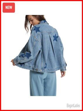 Womens Oversized Boyfriend Denim Jacket Button Down Cotton Polyester